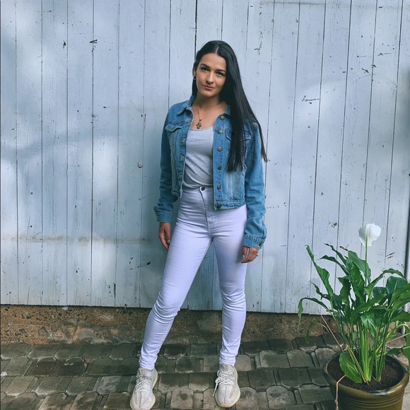 Ruffle back denim jacket- medium wash jean jacket - Picture 2 of 8